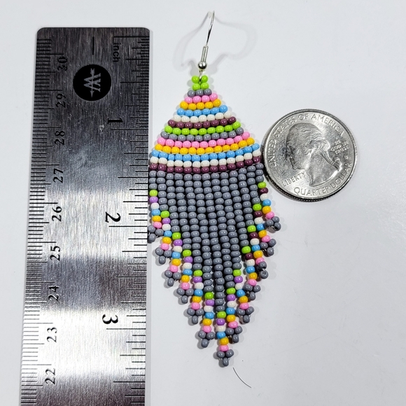 Handmade Grey Tribal Seed Bead Fringe Earrings - Picture 3 of 5